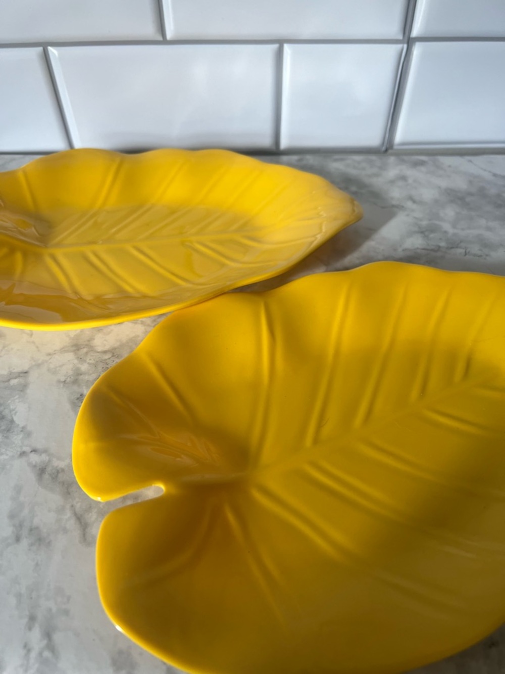 Vintage Yellow Melamine Leaf Dishes Set of 2 | Tropical Leaf Serving Plate